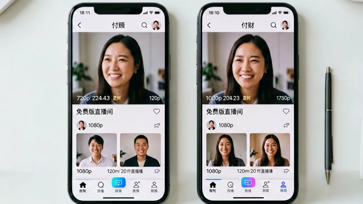 成直播人APP免费版与付费版功能对比界面截图，展示两种版本在直播间工具栏上的差异