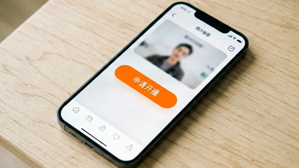 新手用成直播人APP免费完成注册并准备开播的手机操作界面示意图，页面显示主播申请入口