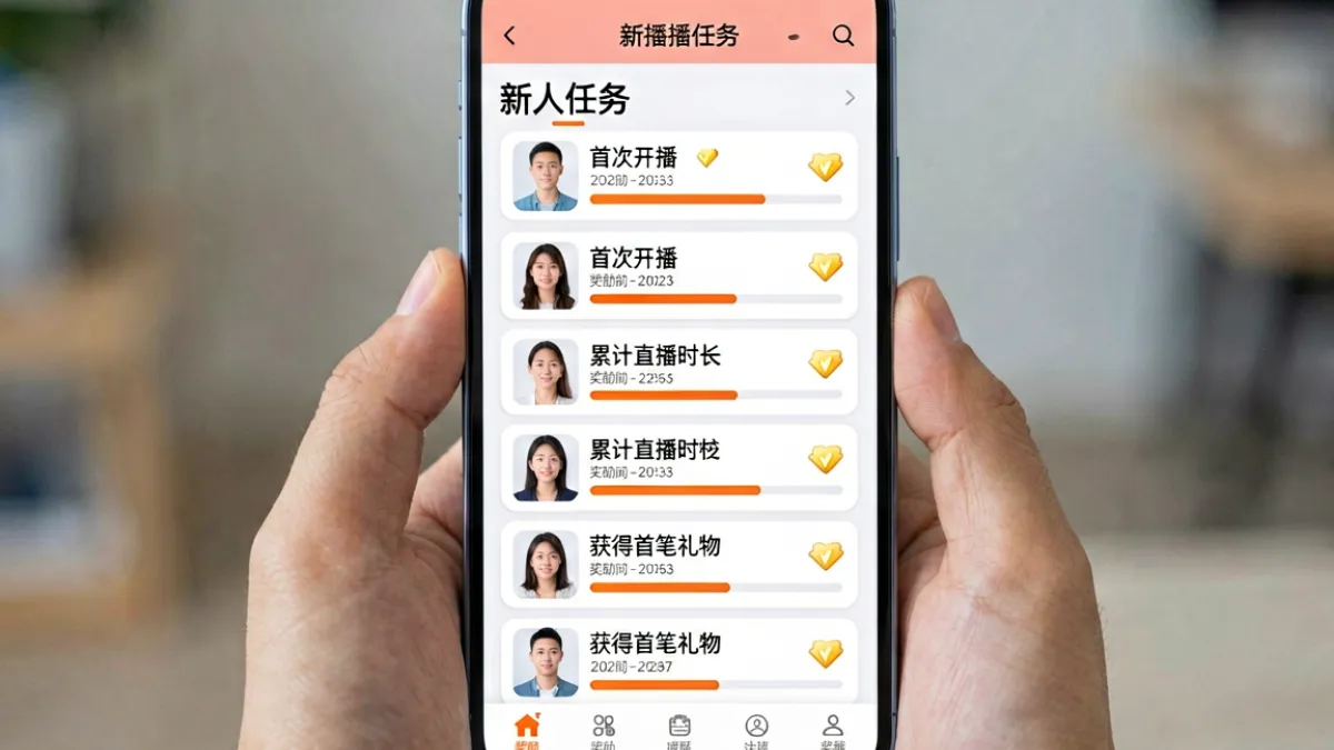 成直播人APP免费主播中心新人任务页面展示，页面列出首播任务和流量奖励进度条