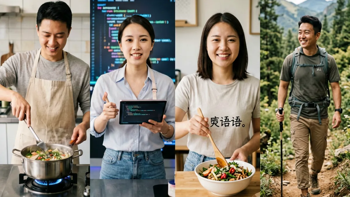 四位不同风格的直播主播并排出现在屏幕上，展示使用成直播人APP免费进行垂直领域直播的多元化形态