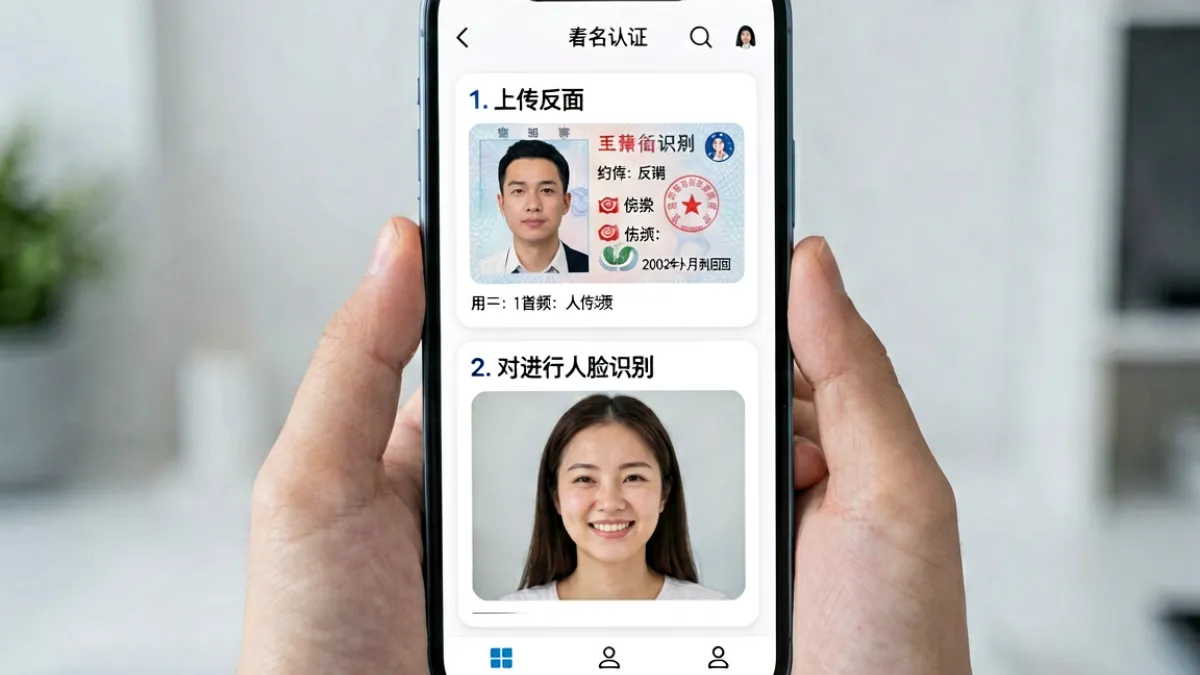 成直播人APP免费账户实名认证页面，显示身份证上传和人脸识别两个步骤